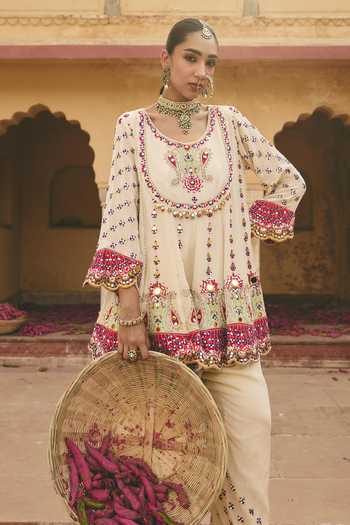 Ajiesh Oberoi Ivory Tissue, Crinkle Scoop Neck Titli Mirror Work Kurta Set Online at Aza Fashions Ajiesh Oberoi_Ivory Tissue, Crinkle Scoop Neck Titli Mirror Work Kurta Set _Online_at_Aza_Fashions
