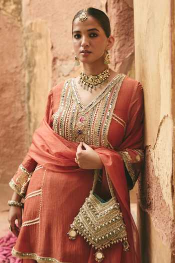 Ajiesh Oberoi Orange Organza, Tissue, Crinkle V-neck Meethi Thread Embroidered Kurta Set Online at Aza Fashions Ajiesh Oberoi_Orange Organza, Tissue, Crinkle V-neck Meethi Thread Embroidered Kurta Set _Online_at_Aza_Fashions