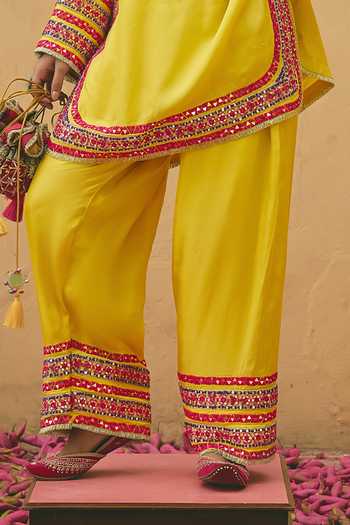 Buy Ajiesh Oberoi Yellow Silk, Bamboo Round Neck Rangoli Embroidered Kurta And Pant Set Online at Aza Fashions Buy_Ajiesh Oberoi_Yellow Silk, Bamboo Round Neck Rangoli Embroidered Kurta And Pant Set _Online_at_Aza_Fashions