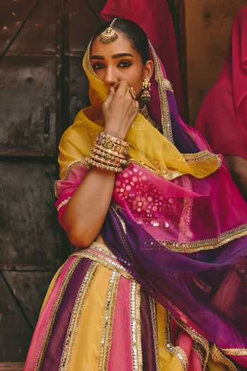 Buy_Ajiesh Oberoi_Multi Color Organza, Tissue, Chamkili Kiran Embroidered Blouse Lehenga Set _Online_at_Aza_Fashions