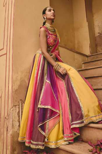 Buy_Ajiesh Oberoi_Multi Color Organza, Tissue, Chamkili Kiran Embroidered Blouse Lehenga Set 