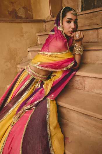 Shop_Ajiesh Oberoi_Multi Color Organza, Tissue, Chamkili Kiran Embroidered Blouse Lehenga Set 