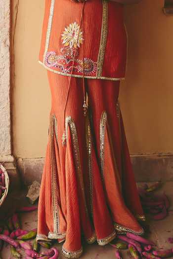 Ajiesh Oberoi_Orange Tissue, Crinkle Notched Neck Guneet Hand Embroidered Kurta And Sharara Set _Online_at_Aza_Fashions