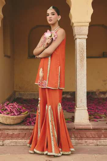 Buy_Ajiesh Oberoi_Orange Tissue, Crinkle Notched Neck Guneet Hand Embroidered Kurta And Sharara Set _Online_at_Aza_Fashions