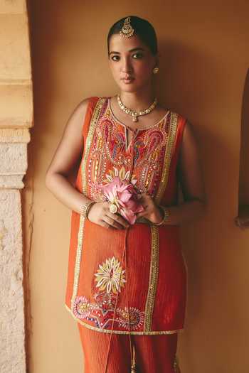Shop_Ajiesh Oberoi_Orange Tissue, Crinkle Notched Neck Guneet Hand Embroidered Kurta And Sharara Set _Online_at_Aza_Fashions