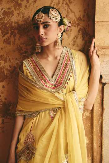Buy Ajiesh Oberoi Yellow Silk, Organza, Bamboo V-neck Siya Neckline Embroidered Kurta Set Online at Aza Fashions Buy_Ajiesh Oberoi_Yellow Silk, Organza, Bamboo V-neck Siya Neckline Embroidered Kurta Set _Online_at_Aza_Fashions