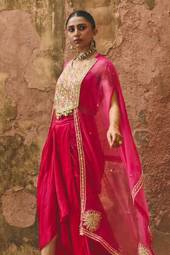 Ajiesh Oberoi Pink Organza, Satin, Modal Embroidery, Sequins, Beads, Reshmi Cape Kurta Set Online at Aza Fashions Ajiesh Oberoi_Pink Organza, Satin, Modal Embroidery, Sequins, Beads, Reshmi Cape Kurta Set _Online_at_Aza_Fashions