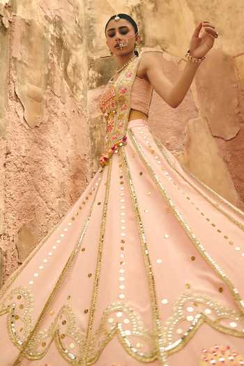 Buy_Ajiesh Oberoi_Pink Organza, Tissue, Crinkle Embroidery, Gulabi Shaan Corset Lehenga Set _Online_at_Aza_Fashions