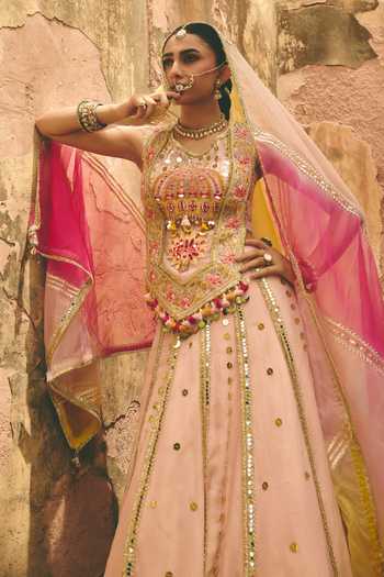 Ajiesh Oberoi_Pink Organza, Tissue, Crinkle Embroidery, Gulabi Shaan Corset Lehenga Set _at_Aza_Fashions