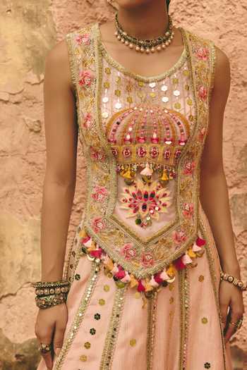 Buy_Ajiesh Oberoi_Pink Organza, Tissue, Crinkle Embroidery, Gulabi Shaan Corset Lehenga Set 