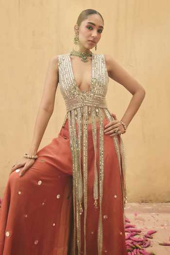 Ajiesh Oberoi_Orange Organza, Tissue, Crinkle Mirchi Rani Embroidered Kurta And Sharara Set _Online_at_Aza_Fashions