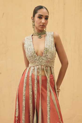 Buy_Ajiesh Oberoi_Orange Organza, Tissue, Crinkle Mirchi Rani Embroidered Kurta And Sharara Set _Online_at_Aza_Fashions