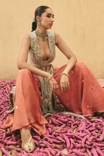 Ajiesh Oberoi_Orange Organza, Tissue, Crinkle Mirchi Rani Embroidered Kurta And Sharara Set _at_Aza_Fashions