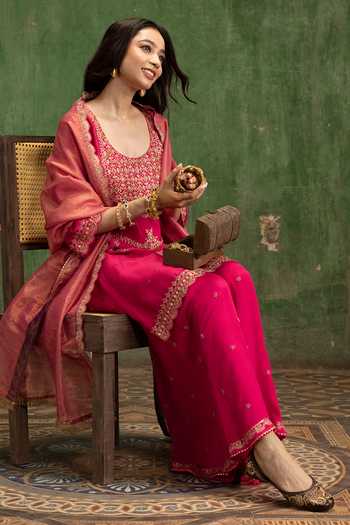 Am By Anita Mittal Fuchsia Raw Silk Scoop Neck Mahiya Sharara Set at Aza Fashions Am By Anita Mittal_Fuchsia Raw Silk Scoop Neck Mahiya Sharara Set _at_Aza_Fashions