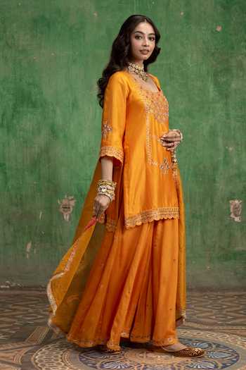 Am By Anita Mittal Orange Raw Silk Scoop Neck, Yes Mahiya Sharara Set Online at Aza Fashions Am By Anita Mittal_Orange Raw Silk Scoop Neck, Yes Mahiya Sharara Set _Online_at_Aza_Fashions