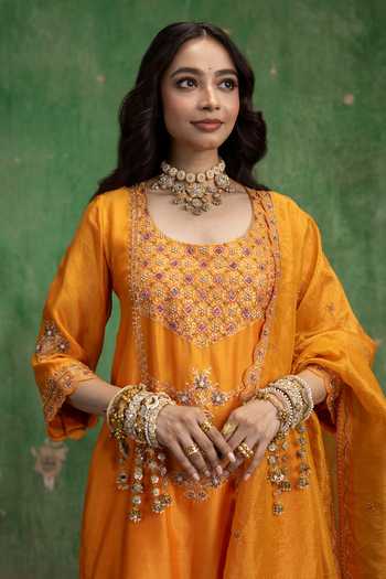 Shop Am By Anita Mittal Orange Raw Silk Scoop Neck, Yes Mahiya Sharara Set Online at Aza Fashions Shop_Am By Anita Mittal_Orange Raw Silk Scoop Neck, Yes Mahiya Sharara Set _Online_at_Aza_Fashions