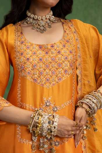 Am By Anita Mittal Orange Raw Silk Scoop Neck, Yes Mahiya Sharara Set at Aza Fashions Am By Anita Mittal_Orange Raw Silk Scoop Neck, Yes Mahiya Sharara Set _at_Aza_Fashions