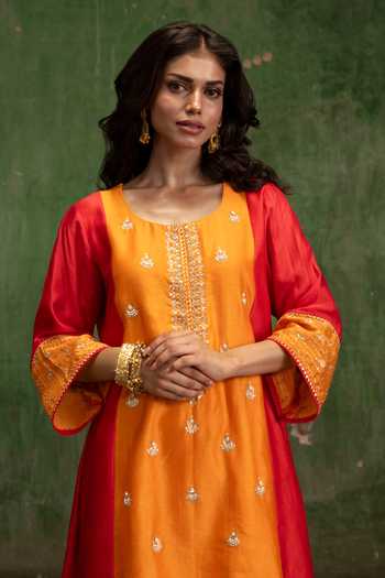Shop_Am By Anita Mittal_Yellow Silk, Chanderi Scoop Neck, Yes Guldaasta Kurta And Pant Set _Online_at_Aza_Fashions
