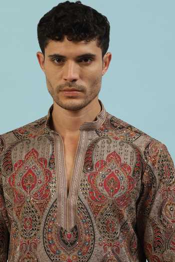 Shop Dev Ki Raha Brown Chamak Paisley Embroidered Kurta And Pyjama Set Online at Aza Fashions Shop_Dev Ki Raha_Brown Chamak Paisley Embroidered Kurta And Pyjama Set _Online_at_Aza_Fashions