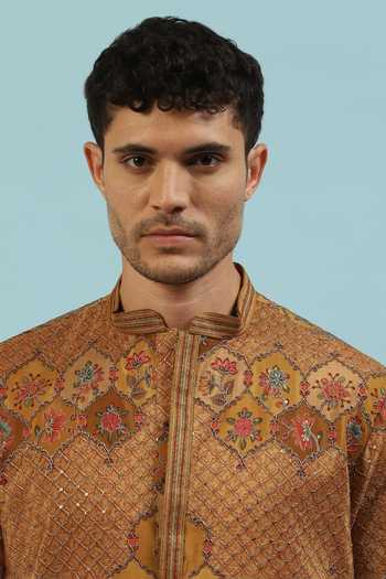 Dev Ki Raha_Yellow Chamak Embroidered Kurta And Pyjama Set _at_Aza_Fashions