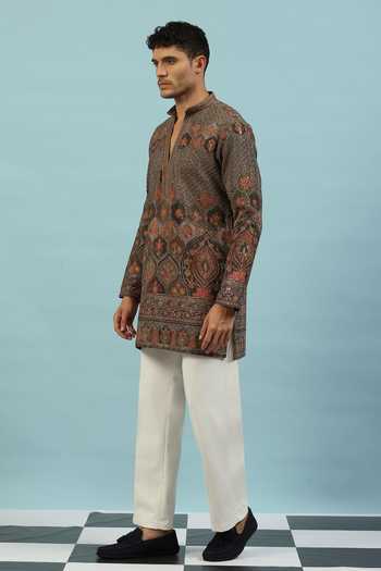 Shop_Dev Ki Raha_Grey Chamak Embroidered Ethnic Set _Online_at_Aza_Fashions