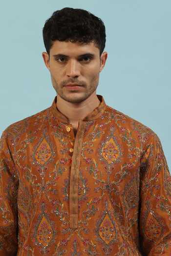 Shop_Dev Ki Raha_Yellow Chamak Embroidered Kurta Set _Online_at_Aza_Fashions