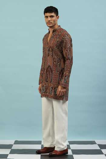 Buy_Dev Ki Raha_Brown Chamak Ornamental Embroidered Kurta Set _Online_at_Aza_Fashions