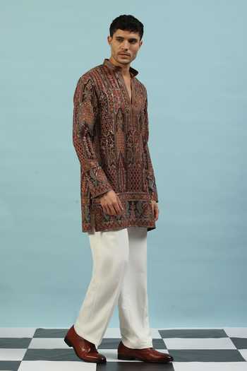 Shop_Dev Ki Raha_Brown Chamak Ornamental Embroidered Kurta Set _Online_at_Aza_Fashions