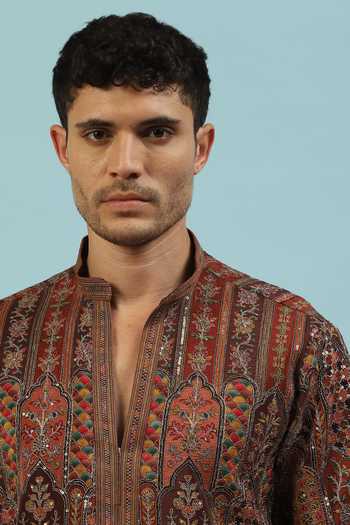 Dev Ki Raha_Brown Chamak Ornamental Embroidered Kurta Set _at_Aza_Fashions