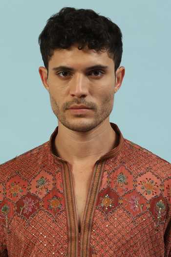 Dev Ki Raha_Brown Chamak Ornamental Embroidered Kurta Set _at_Aza_Fashions