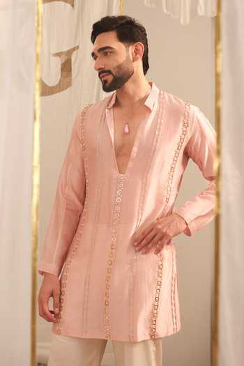 Shop Runit Gupta Pink Chanderi , Vegan Stripe Embroidered Kurta Set Online at Aza Fashions Shop_Runit Gupta_Pink Chanderi , Vegan Stripe Embroidered Kurta Set _Online_at_Aza_Fashions