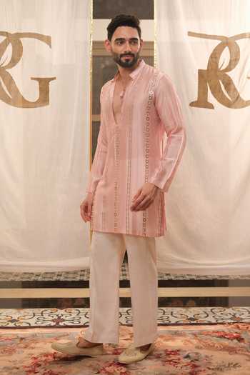 Runit Gupta Pink Chanderi , Vegan Stripe Embroidered Kurta Set at Aza Fashions Runit Gupta_Pink Chanderi , Vegan Stripe Embroidered Kurta Set _at_Aza_Fashions