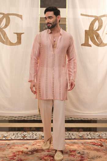 Buy Runit Gupta Pink Chanderi , Vegan Stripe Embroidered Kurta Set Buy_Runit Gupta_Pink Chanderi , Vegan Stripe Embroidered Kurta Set