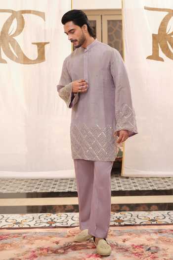 Buy_Runit Gupta_Purple Tissue, Vegan Silk Chevron Gota Work Kurta Set _Online_at_Aza_Fashions