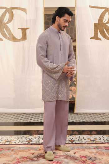 Shop_Runit Gupta_Purple Tissue, Vegan Silk Chevron Gota Work Kurta Set _Online_at_Aza_Fashions