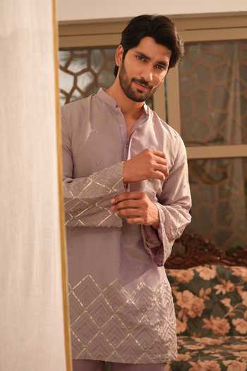 Runit Gupta_Purple Tissue, Vegan Silk Chevron Gota Work Kurta Set _at_Aza_Fashions