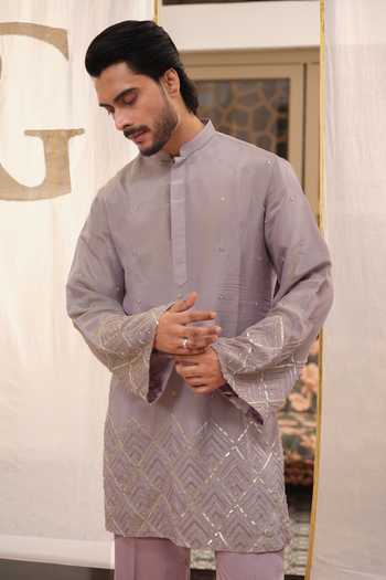 Buy_Runit Gupta_Purple Tissue, Vegan Silk Chevron Gota Work Kurta Set 