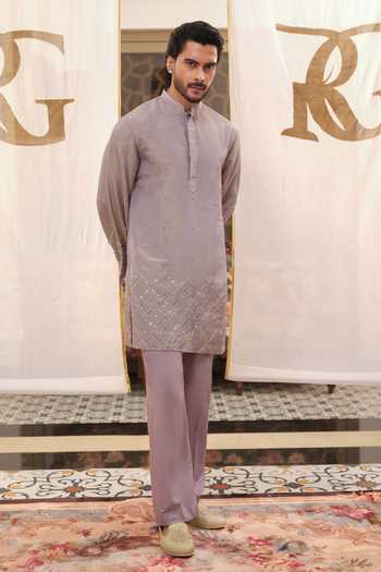 Shop_Runit Gupta_Purple Tissue, Vegan Silk Chevron Gota Work Kurta Set 