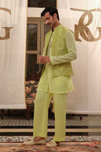Buy Runit Gupta Green Chanderi Silk Sequins, Pearls Amoeba Bundi Buy_Runit Gupta_Green Chanderi Silk Sequins, Pearls Amoeba Bundi