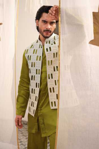 Buy_Runit Gupta_Grey Linen Embroidery, Cut Work Tiles Bundi _Online_at_Aza_Fashions