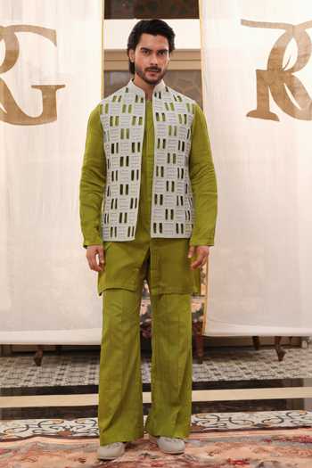 Shop_Runit Gupta_Grey Linen Embroidery, Cut Work Tiles Bundi _Online_at_Aza_Fashions
