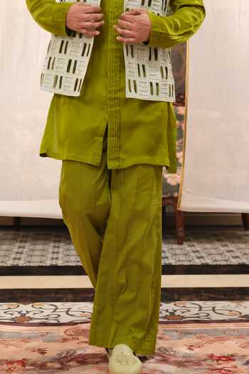 Buy_Runit Gupta_Grey Linen, Satin, Modal, Vegan Silk Mirrors, Cut Work Tiles Bundi Set _Online_at_Aza_Fashions