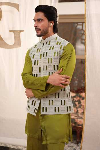 Shop_Runit Gupta_Grey Linen, Satin, Modal, Vegan Silk Mirrors, Cut Work Tiles Bundi Set _Online_at_Aza_Fashions