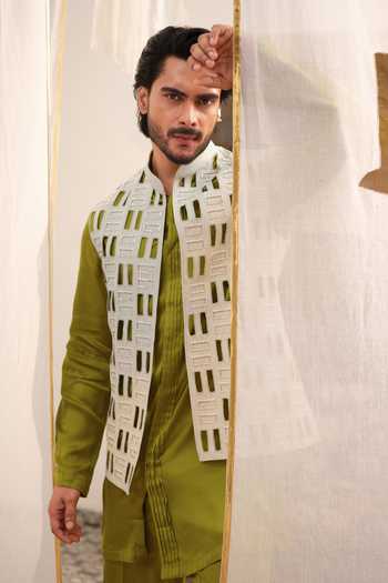 Runit Gupta_Grey Linen, Satin, Modal, Vegan Silk Mirrors, Cut Work Tiles Bundi Set _at_Aza_Fashions