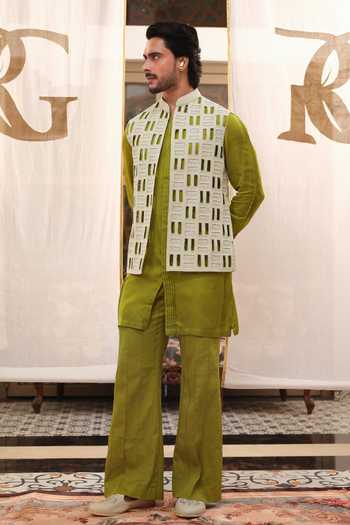 Buy_Runit Gupta_Grey Linen, Satin, Modal, Vegan Silk Mirrors, Cut Work Tiles Bundi Set 