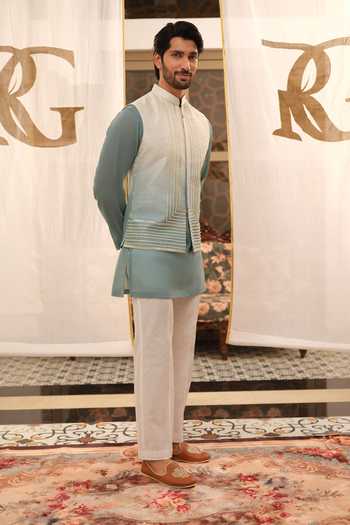 Buy Runit Gupta Blue Chanderi Silk Pearls, Gota Patti, Piping Ombre Work Bundi Buy_Runit Gupta_Blue Chanderi Silk Pearls, Gota Patti, Piping Ombre Work Bundi