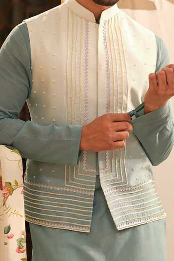 Shop Runit Gupta Blue Chanderi Silk, Georgette, Cotton, Linen Pearls, Gota Ombre Work Bundi Set Online at Aza Fashions Shop_Runit Gupta_Blue Chanderi Silk, Georgette, Cotton, Linen Pearls, Gota Ombre Work Bundi Set _Online_at_Aza_Fashions