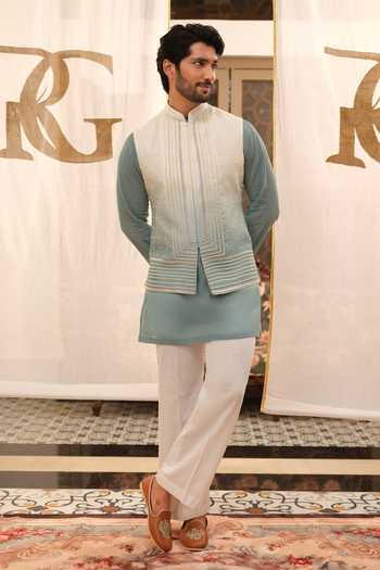 Shop Runit Gupta Blue Chanderi Silk, Georgette, Cotton, Linen Pearls, Gota Ombre Work Bundi Set Shop_Runit Gupta_Blue Chanderi Silk, Georgette, Cotton, Linen Pearls, Gota Ombre Work Bundi Set
