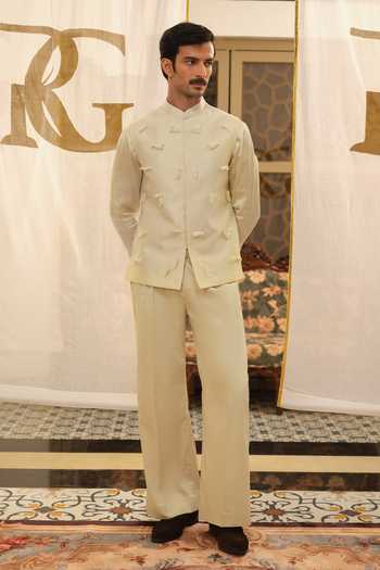 Shop Runit Gupta Ivory Chanderi Silk Embroidery Geometric Pipe Spike Bundi Online at Aza Fashions Shop_Runit Gupta_Ivory Chanderi Silk Embroidery Geometric Pipe Spike Bundi _Online_at_Aza_Fashions
