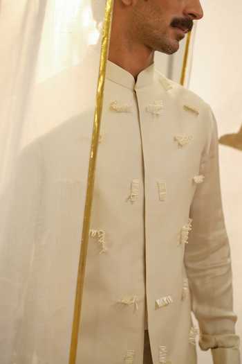 Buy_Runit Gupta_Ivory Chanderi Silk, Satin, Modal Pearls Geometric Pipe Spike Bundi Set _Online_at_Aza_Fashions